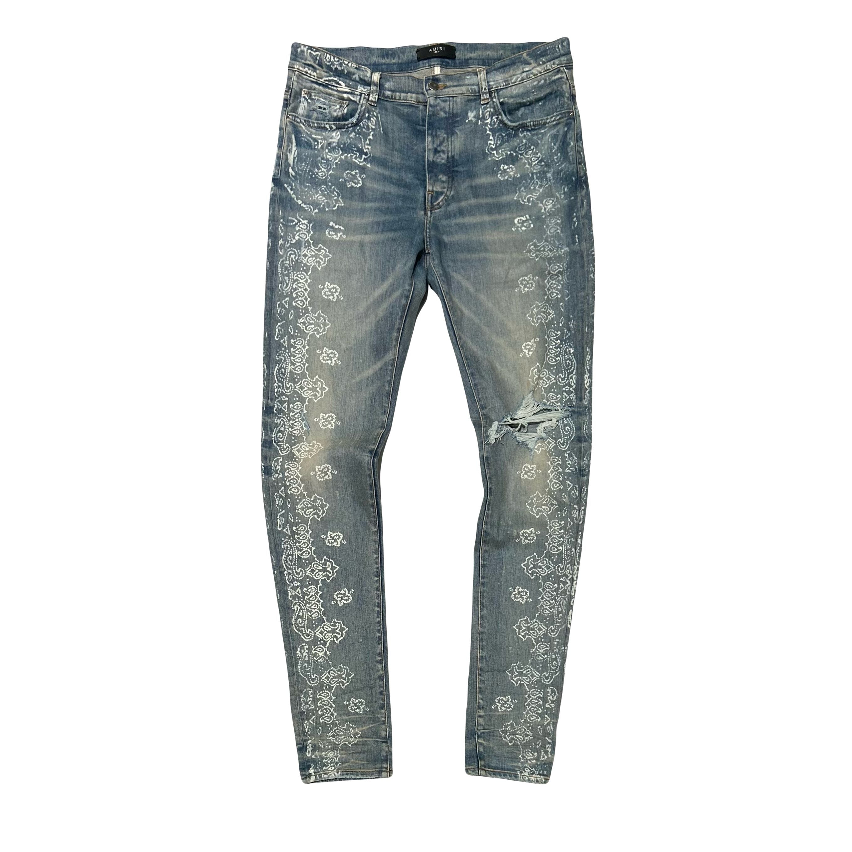 AMIRI Paisley Print Distressed Skinny Jeans Blue