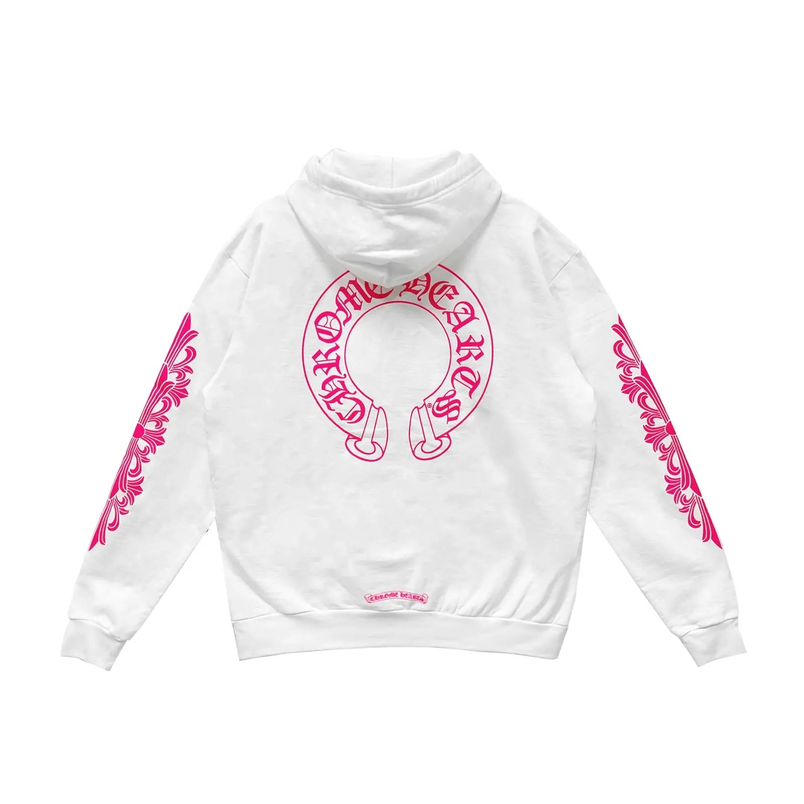 Chrome Hearts Pink Horseshoe Floral Sleeve Pullover Hoodie White