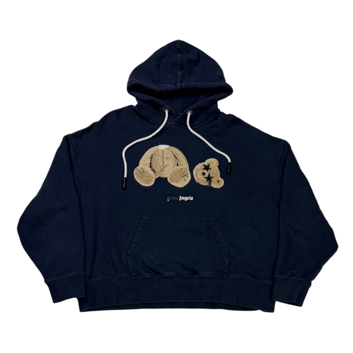 Palm Angels Bear Print Sprayed Logo Hoodie Navy Blue/Brown