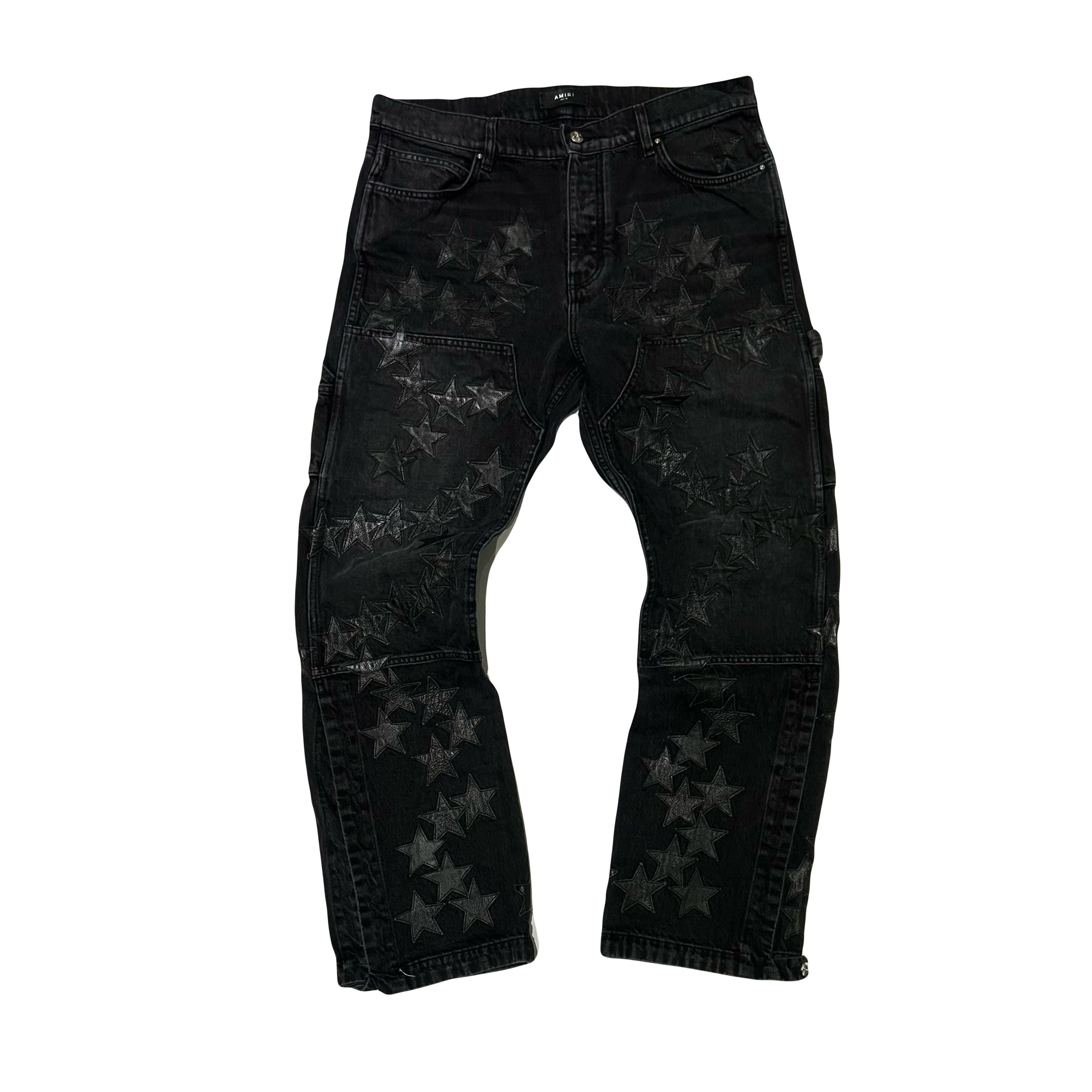 Amiri Chemist Carpenter Straight-Leg Leather-Appliqued Jeans Black