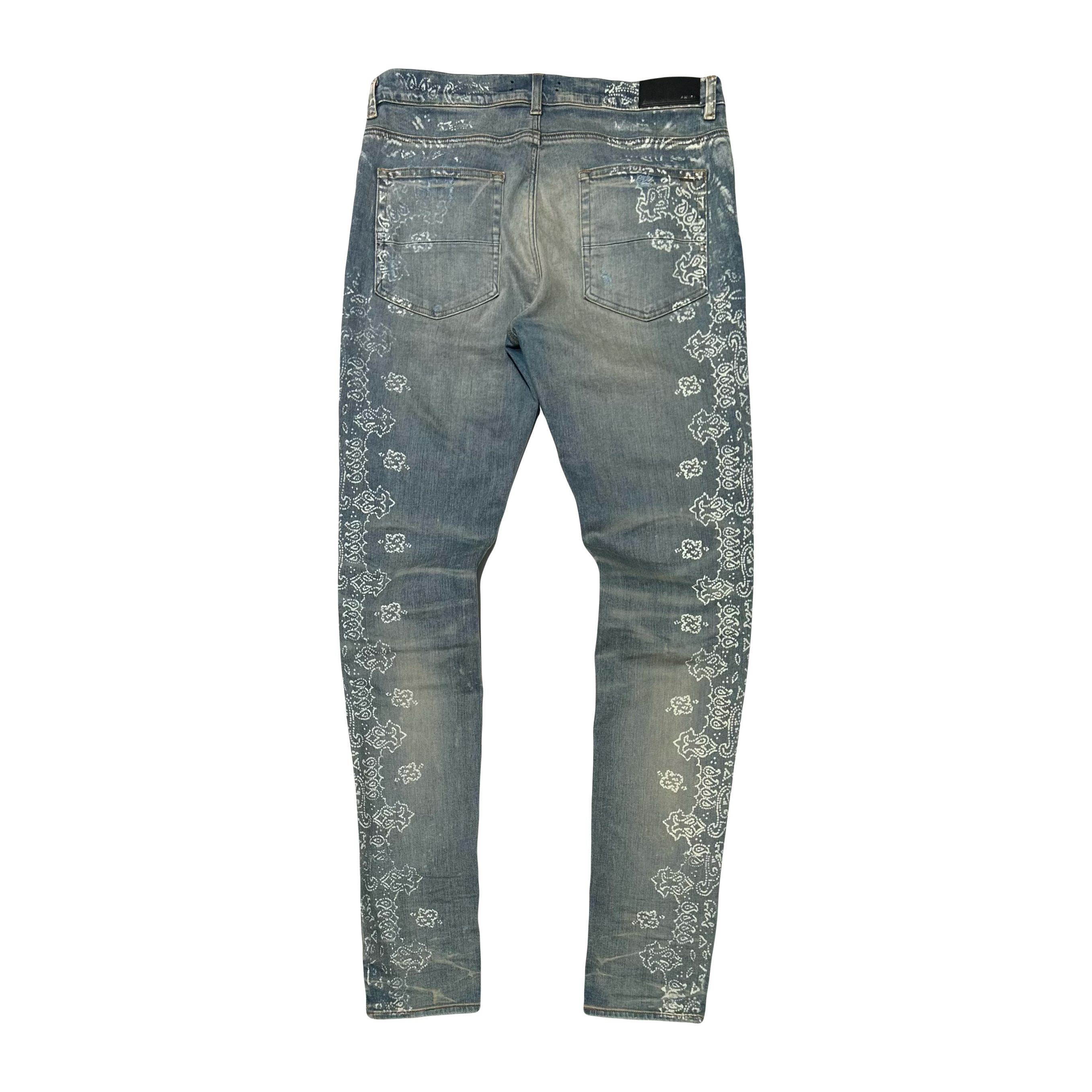 AMIRI Paisley Print Distressed Skinny Jeans Blue