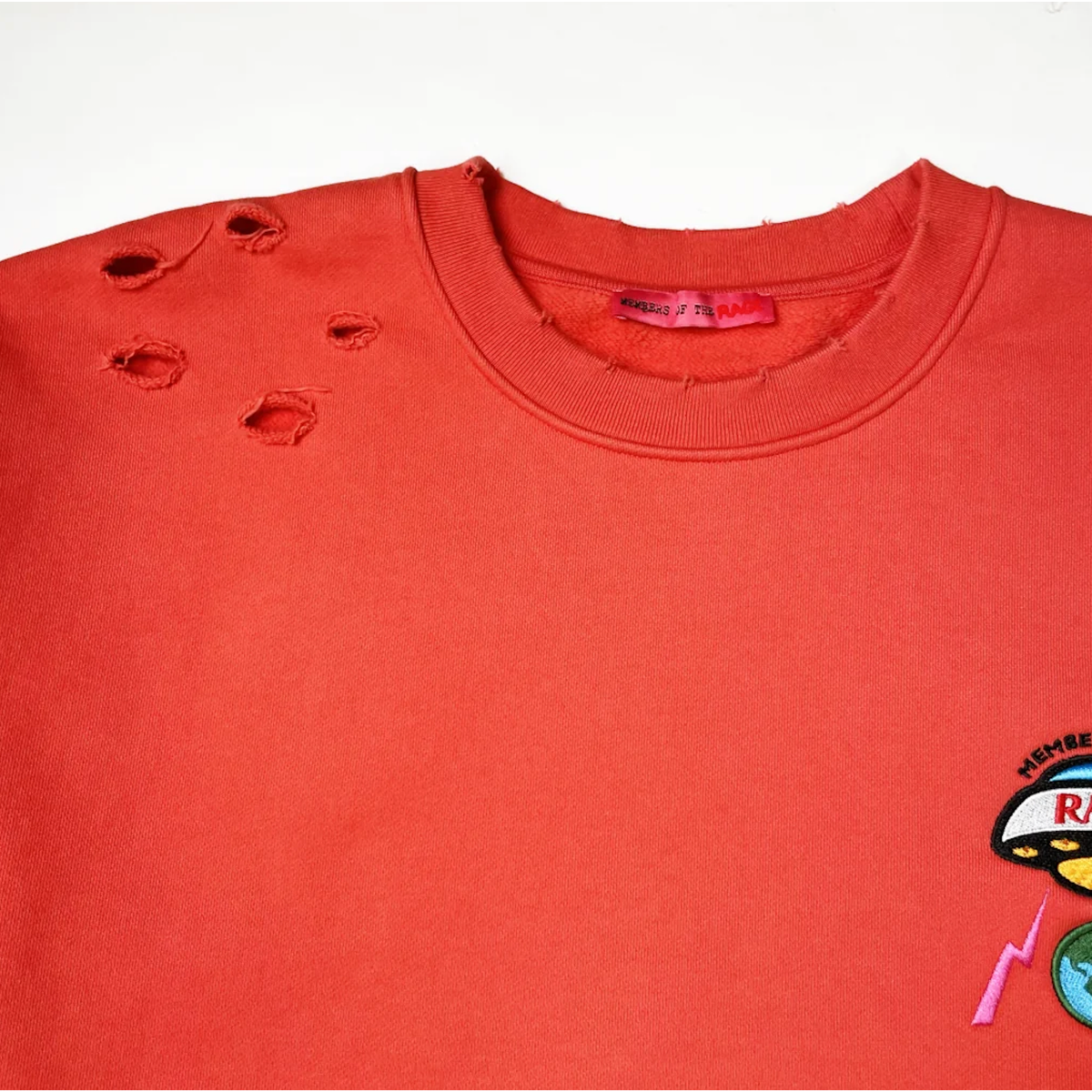 Members of The Rage Distressed Small Logo Crewneck Infrared