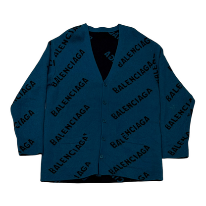 Balenciaga All Over Logo Knit Cardigan Teal