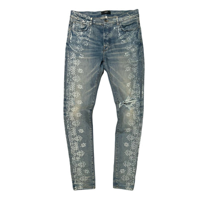 AMIRI Paisley Print Distressed Skinny Jeans Blue