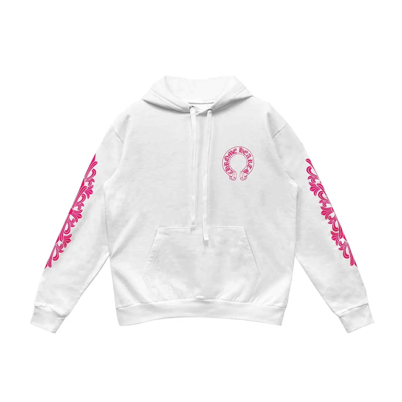 Chrome Hearts Pink Horseshoe Floral Sleeve Pullover Hoodie White
