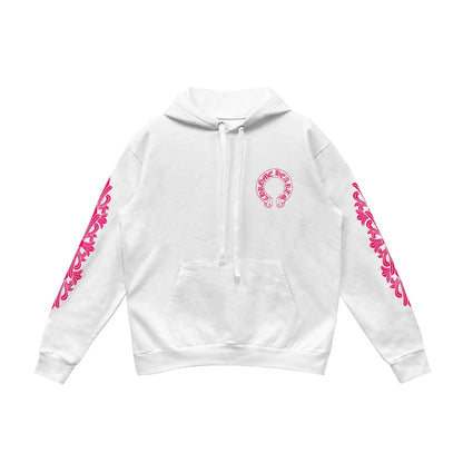 Chrome Hearts Pink Horseshoe Floral Sleeve Pullover Hoodie White