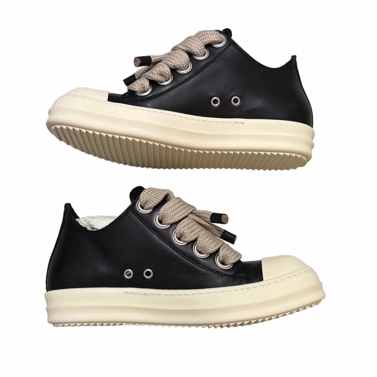 Rick Owens Temple Jumbolace Low Full Grain Cow Leather Black Milk