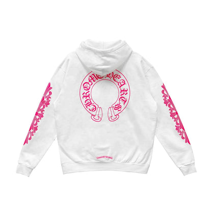 Chrome Hearts Pink Horseshoe Floral Sleeve Pullover Hoodie White