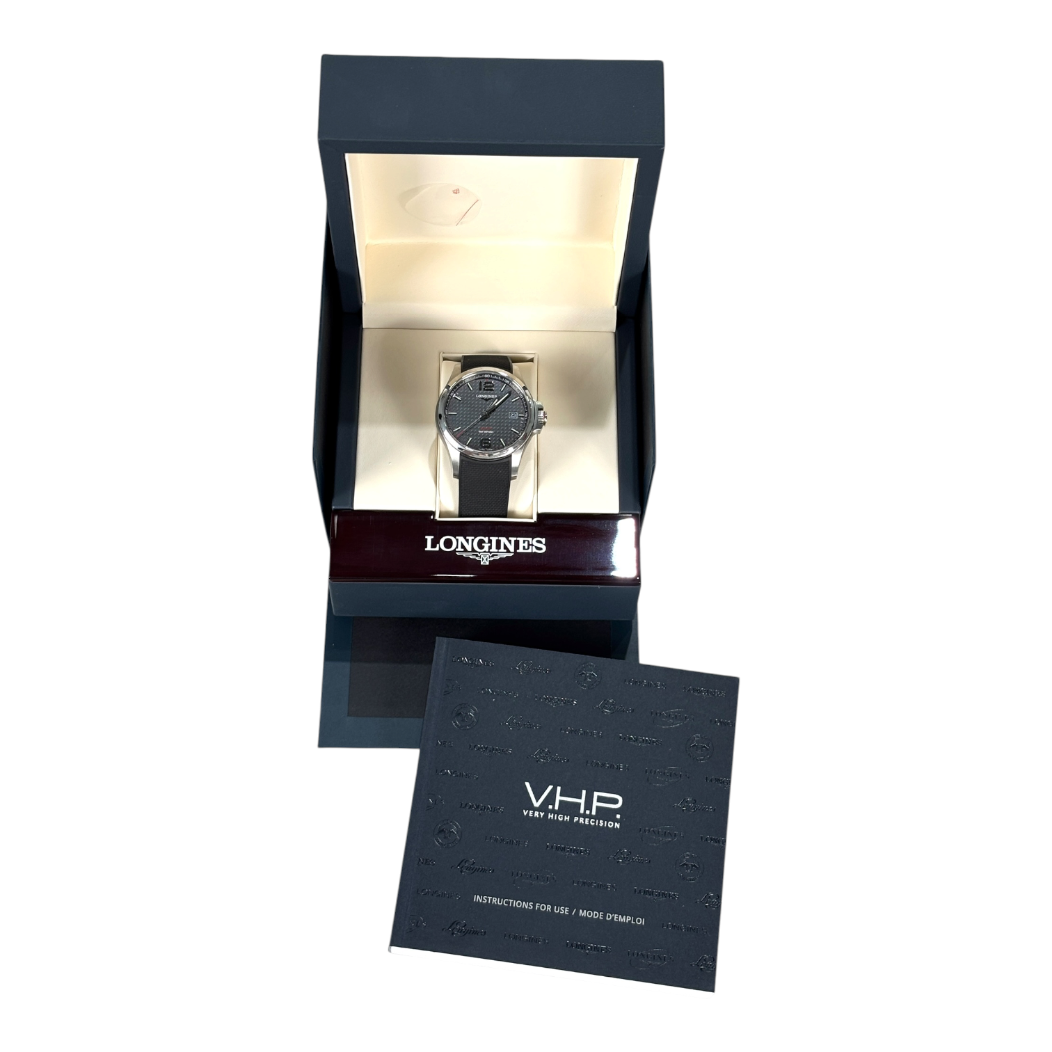 Longines Conquest V.H.P. Black Carbon Dial Rubber Strap Watch