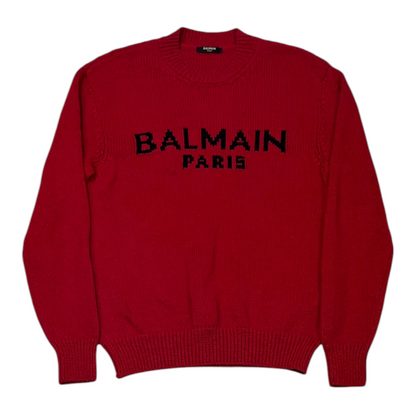 Balmain Intarsia Knit Logo Sweater Red