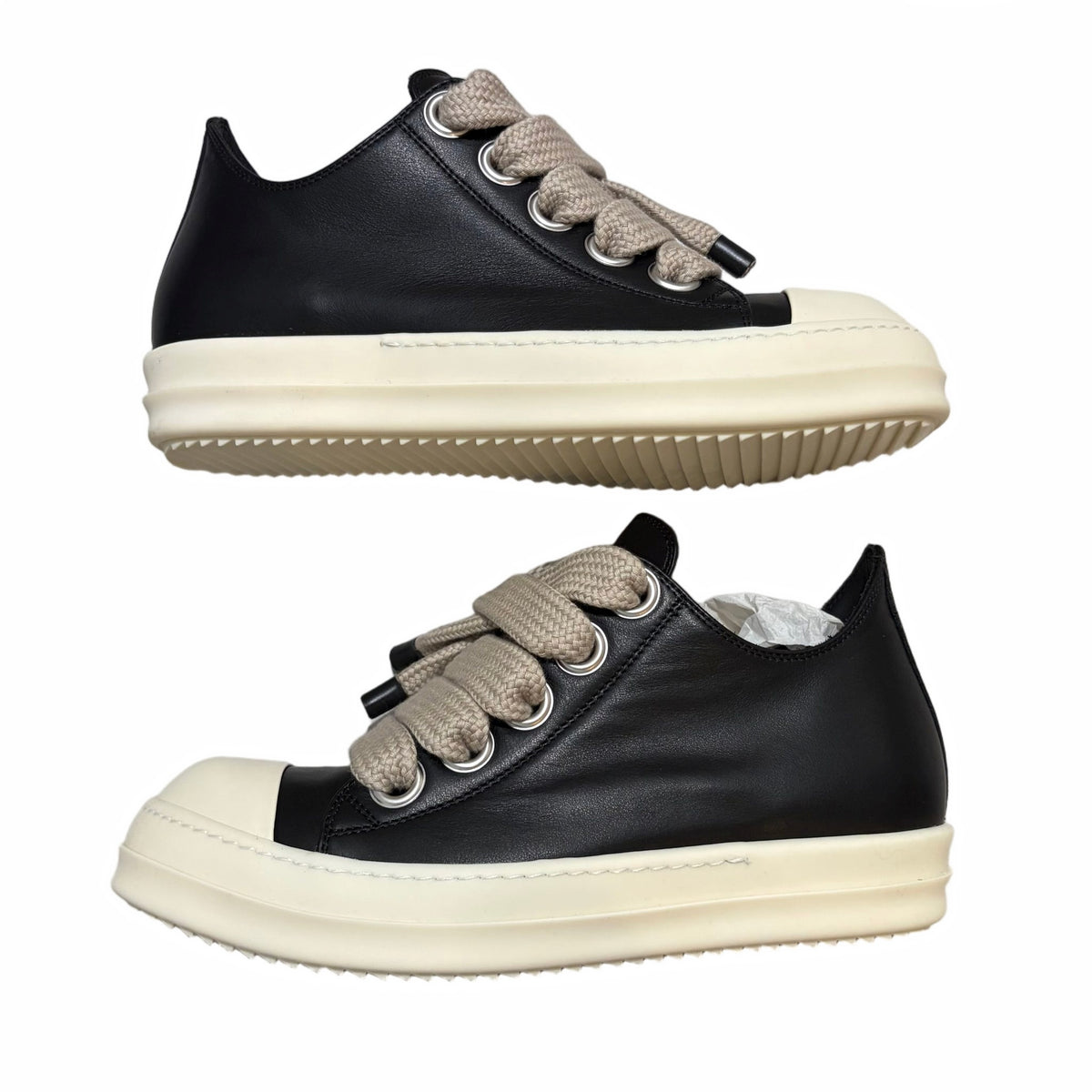 Rick Owens Temple Jumbolace Low Full Grain Cow Leather Black Milk