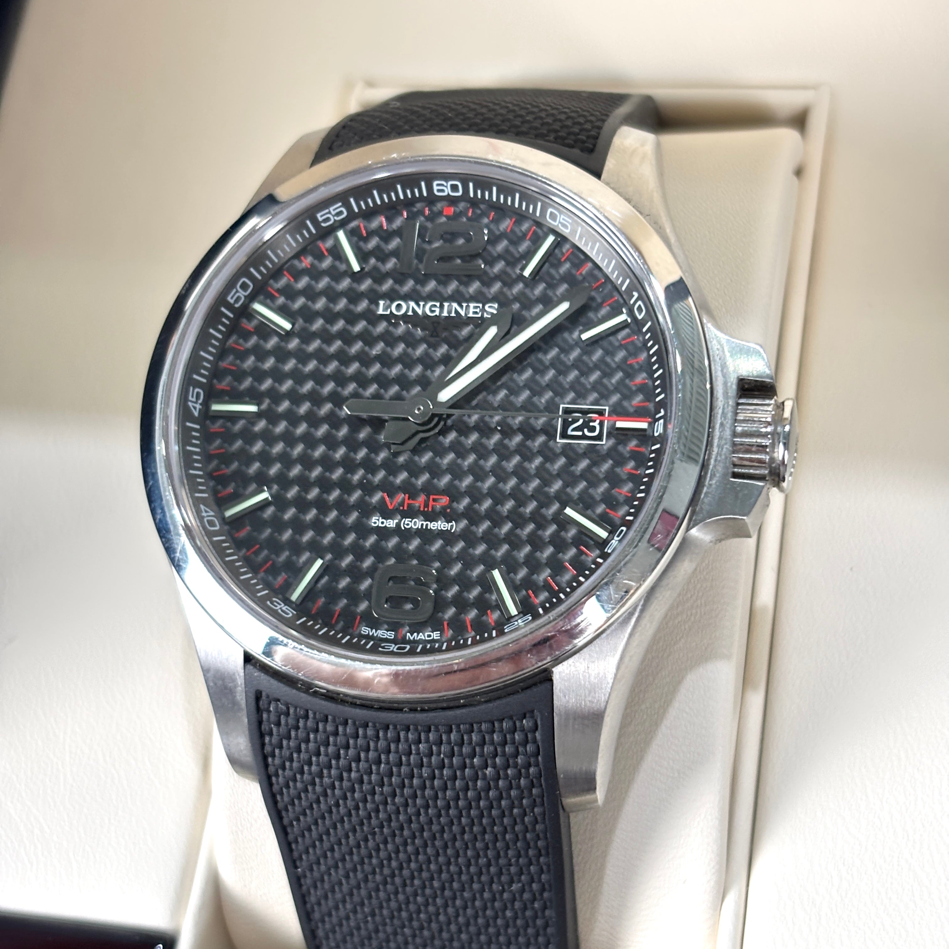 Longines Conquest V.H.P. Black Carbon Dial Rubber Strap Watch