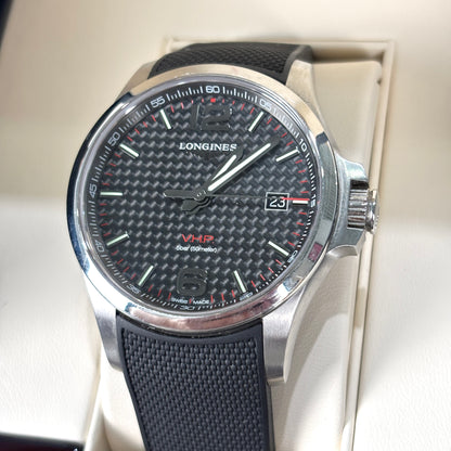 Longines Conquest V.H.P. Black Carbon Dial Rubber Strap Watch