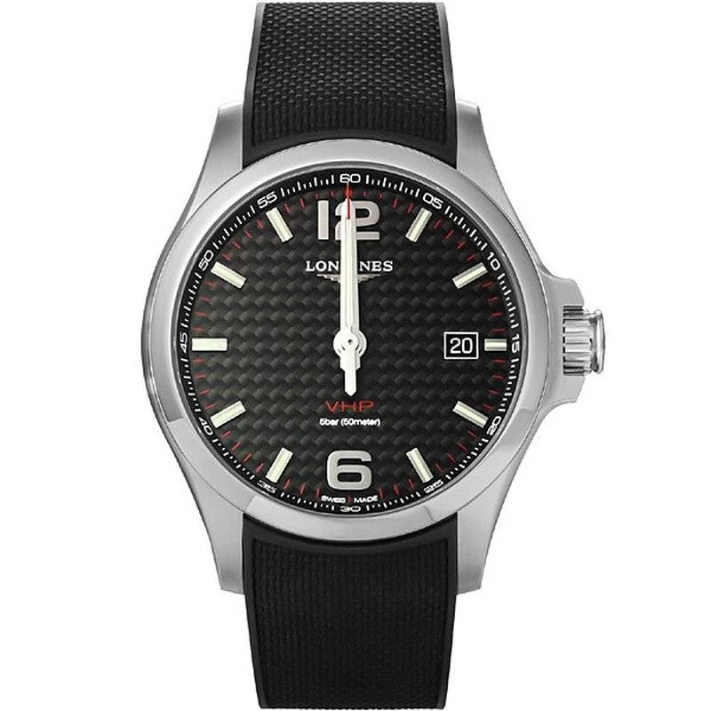 Longines Conquest V.H.P. Black Carbon Dial Rubber Strap Watch