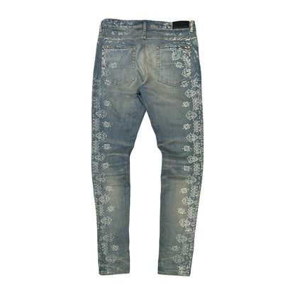 AMIRI Paisley Print Distressed Skinny Jeans Blue