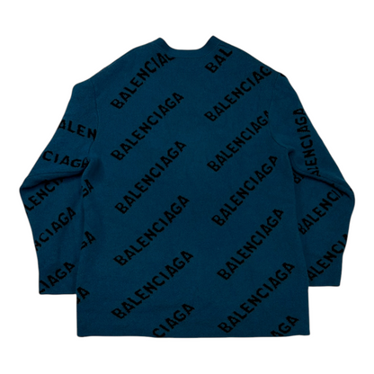 Balenciaga All Over Logo Knit Cardigan Teal